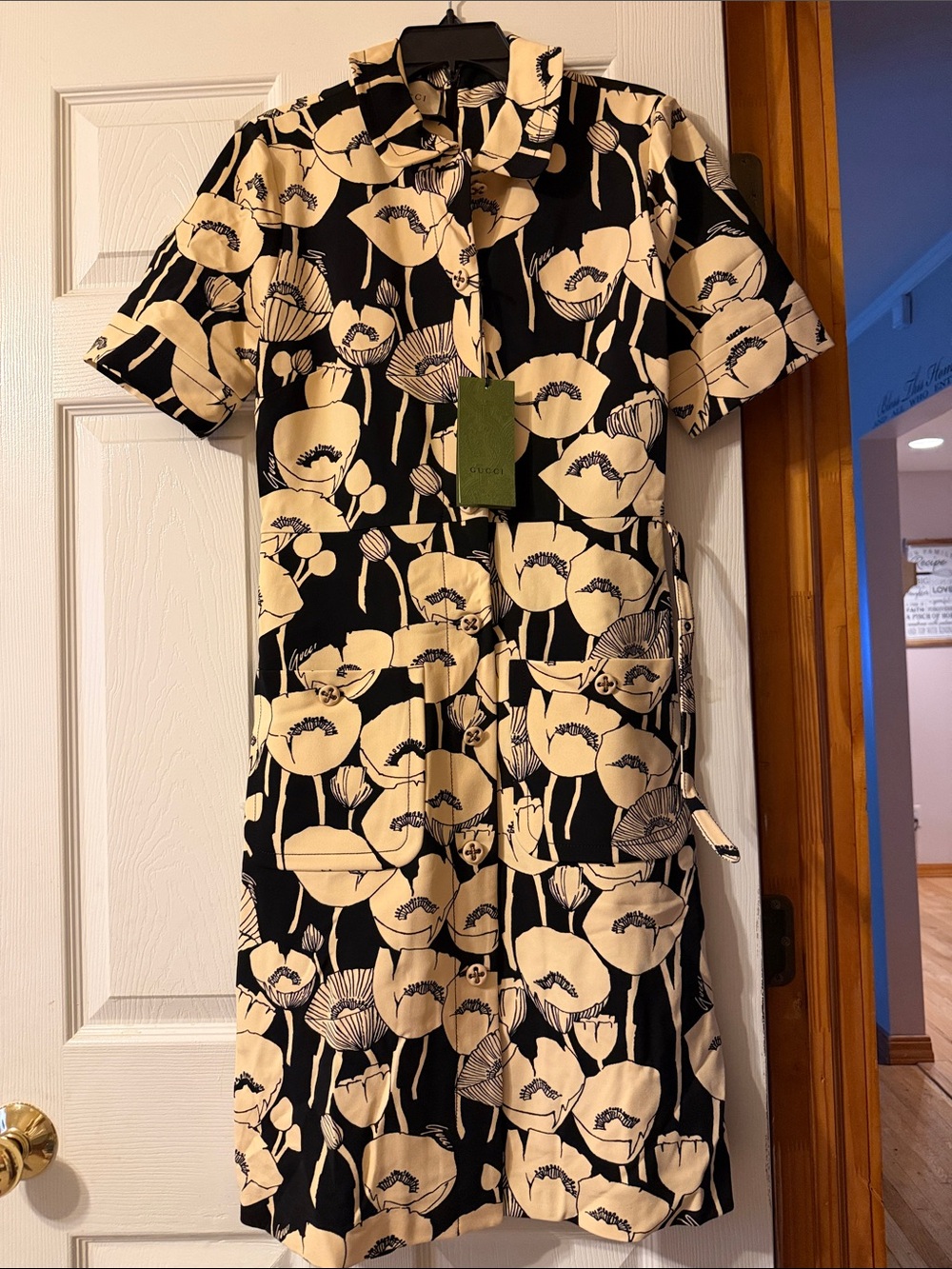 Gucci Floral Print Short-Sleeve Shirt Dress in Black and Cream